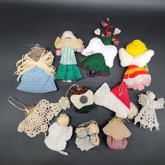 Handmade Angel Christmas Ornament Lot 12 Crochet Satin Ribbon Lace Yarn Felt VTG - Picture 8 of 8